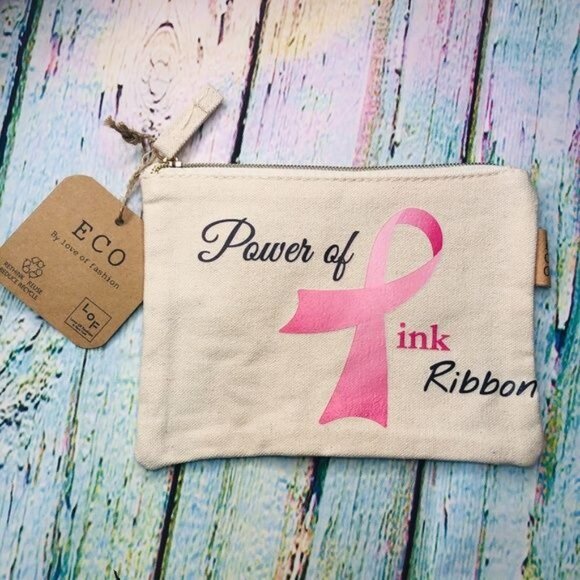 Pink Ribbon Breast Cancer Awareness Pouch Power Make Up Bag ECO Recycled Cotton - Picture 4 of 9